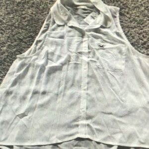 Hollister Sheer button up White Sleeveless Top Size Small Costal Beach Pocket